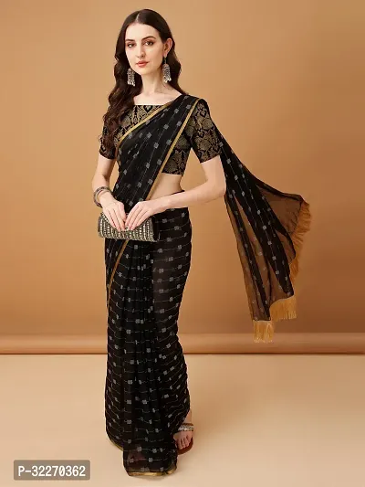 Beautiful Black Chiffon Brocade Saree With Blouse Piece For Women-thumb0