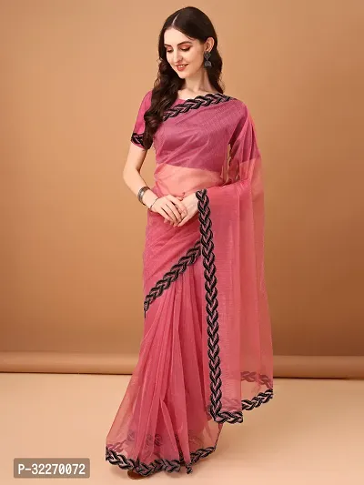 Beautiful Pink Net Embellished Saree With Blouse Piece For Women-thumb0