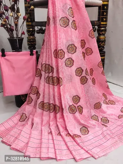 Elegant Pink Satin Saree with Blouse piece For Women-thumb0