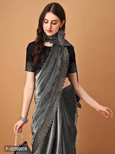 Beautiful Grey Art Silk Embellished Saree With Blouse Piece For Women-thumb0