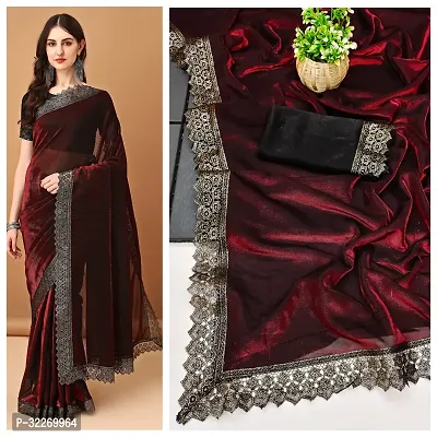 Beautiful Maroon Silk Blend Embellished Saree With Blouse Piece For Women-thumb0