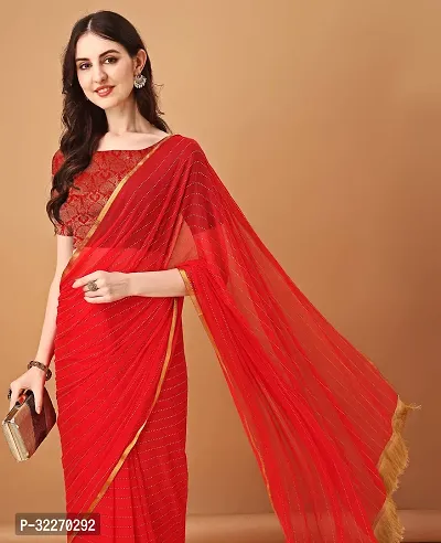 Beautiful Red Chiffon Brocade Saree With Blouse Piece For Women-thumb0