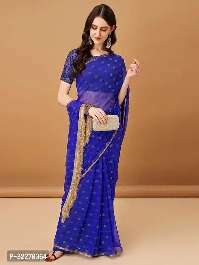 Beautiful Blue Chiffon Brocade Saree With Blouse Piece For Women-thumb0