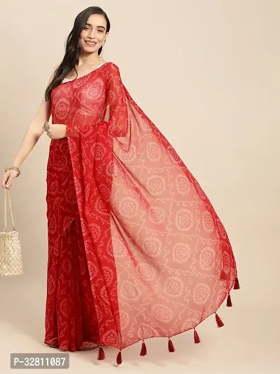 Elegant Red Chiffon Saree with Blouse piece For Women-thumb0