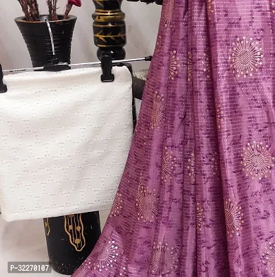 Beautiful Purple Satin Foil Print Saree With Blouse Piece For Women-thumb4