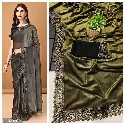 Beautiful Golden Lycra Embellished Saree With Blouse Piece For Women-thumb0