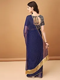 Beautiful Navy Blue Chiffon Brocade Saree With Blouse Piece For Women-thumb1