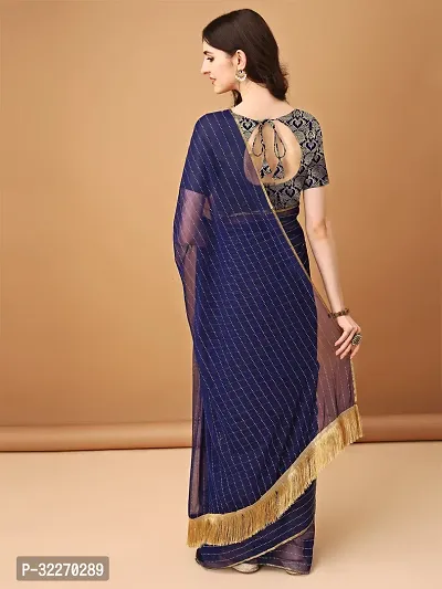 Beautiful Navy Blue Chiffon Brocade Saree With Blouse Piece For Women-thumb2