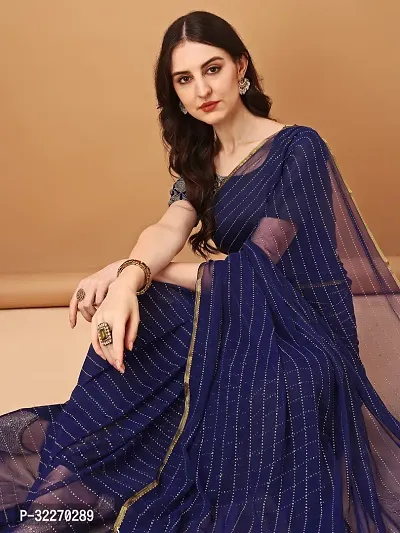 Beautiful Navy Blue Chiffon Brocade Saree With Blouse Piece For Women-thumb0