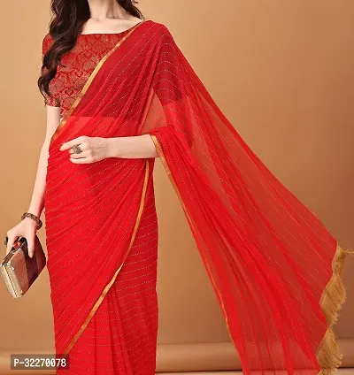 Beautiful Red Chiffon Embellished Saree With Blouse Piece For Women-thumb0