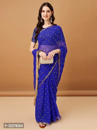 Beautiful Blue Chiffon Brocade Saree With Blouse Piece For Women-thumb3