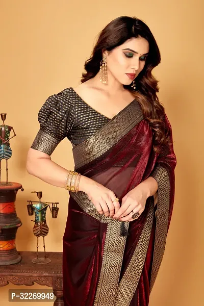 Beautiful Maroon Lycra Embellished Saree With Blouse Piece For Women