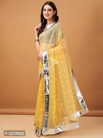 Beautiful Yellow Organza Self Pattern Saree With Blouse Piece For Women-thumb2