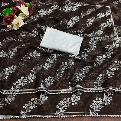 Beautiful Brown Organza Foil Print Saree With Blouse Piece For Women-thumb0