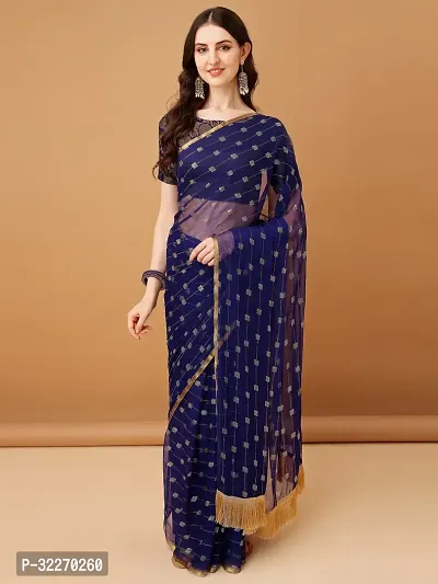 Beautiful Navy Blue Chiffon Brocade Saree With Blouse Piece For Women-thumb0