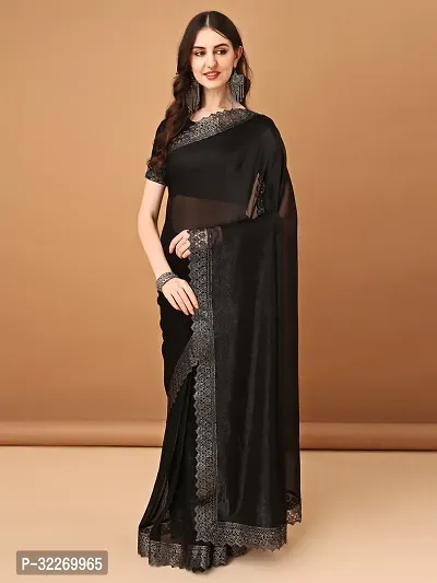 Beautiful Black Lycra Embellished Saree With Blouse Piece For Women-thumb2