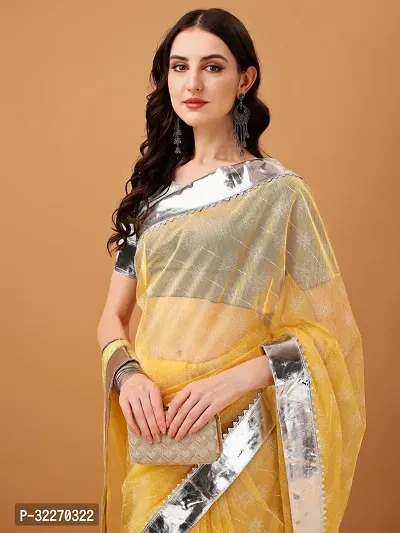 Beautiful Yellow Organza Self Pattern Saree With Blouse Piece For Women-thumb0