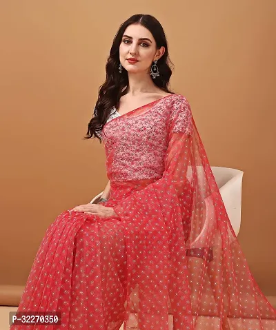 Beautiful Pink Net Embellished Saree With Blouse Piece For Women