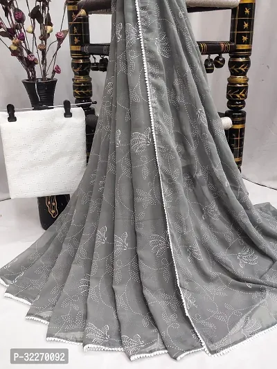 Beautiful Grey Chiffon Embellished Saree With Blouse Piece For Women-thumb0