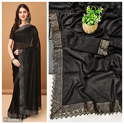 Beautiful Black Lycra Embellished Saree With Blouse Piece For Women-thumb0