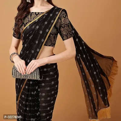 Beautiful Black Chiffon Embellished Saree With Blouse Piece For Women-thumb0