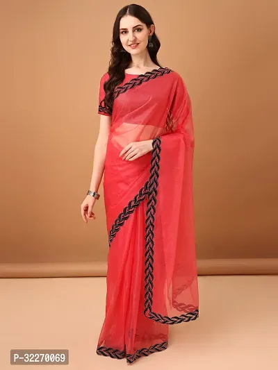 Beautiful Pink Net Embellished Saree With Blouse Piece For Women