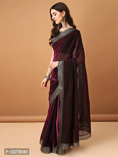 Beautiful Purple Lycra Applique Saree With Blouse Piece For Women-thumb2