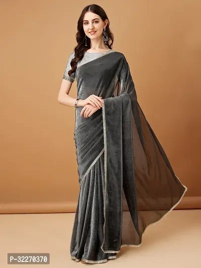 Beautiful Grey Lycra Embellished Saree With Blouse Piece For Women-thumb0