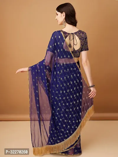 Beautiful Navy Blue Chiffon Brocade Saree With Blouse Piece For Women-thumb2