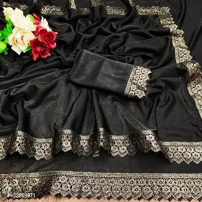 Beautiful Black Lycra Embellished Saree With Blouse Piece For Women-thumb0