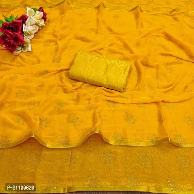 Beautiful Yellow Chiffon Embellished Women Saree with Blouse piece