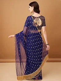 Beautiful Navy Blue Chiffon Brocade Saree With Blouse Piece For Women-thumb1