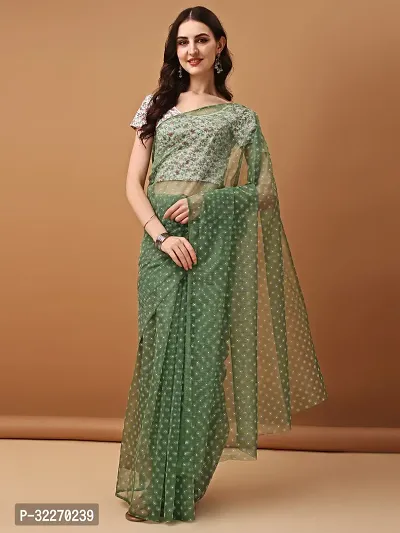 Beautiful Green Net Embellished Saree With Blouse Piece For Women-thumb0