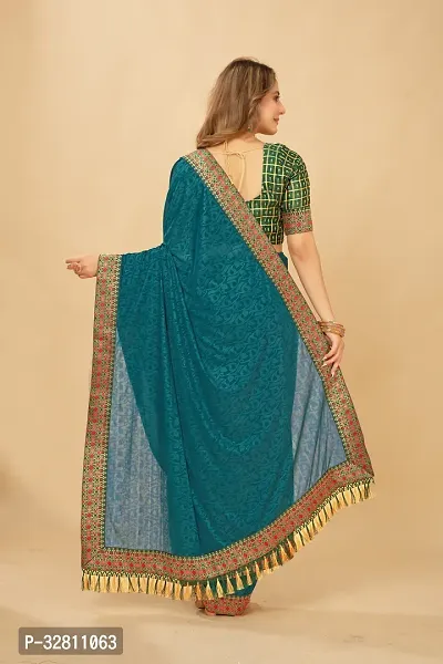 Elegant Teal Silk Blend Saree with Blouse piece For Women-thumb2