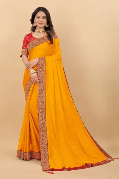Silk Blend Lace Border Sarees With Blouse Piece