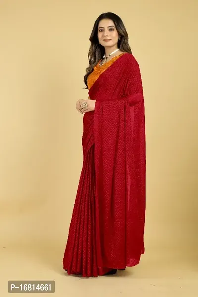 Stylish Red Silk Blend Embossed Saree with Blouse piece For Women-thumb4