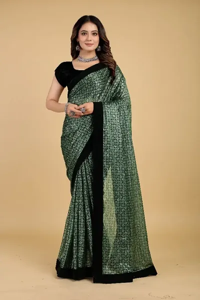 Party Wear Chiffon Saree In Green Colour Contrast Designer Blouse