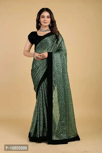 Floral Embellished Black Velvet Lace Saree with Blouse Piece-thumb0