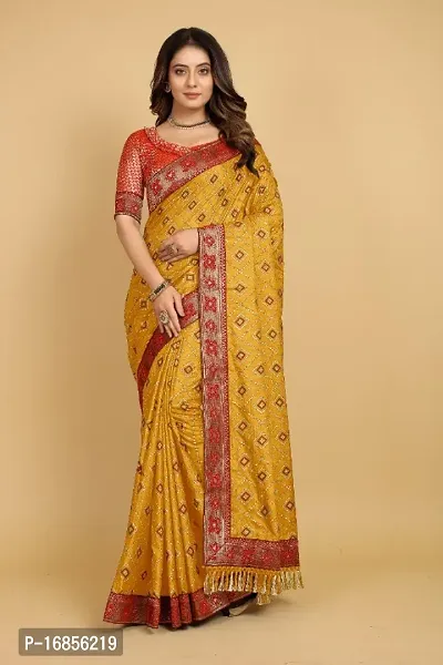 Silk Blend Chunadi Jhalar Saree With Blouse Piece-thumb0