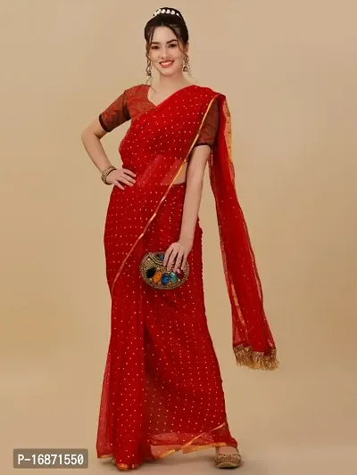 Red Chiffon Embellished Sarees For Women