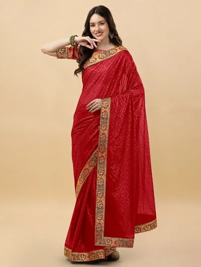Embossed Silk Blend Sarees With Elephant Lace Border And Blouse Piece