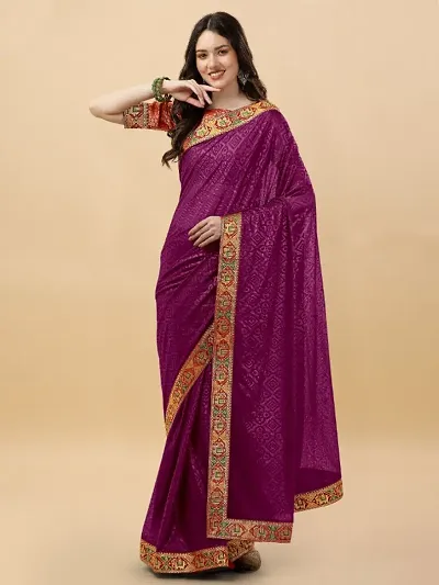 Embossed Silk Blend Saree With Elephant Lace Border And Latkan