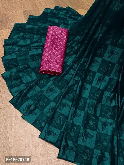 Stylish Dark Green Silk Blend Embossed Saree with Blouse piece For Women