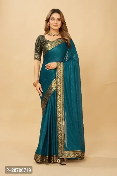 Neavy Blue Georgette Digital Print & Lace Work Saree With Blouse