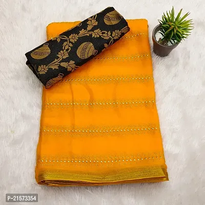 Stylish Golden Chiffon Embellished Saree with Blouse piece For Women-thumb0