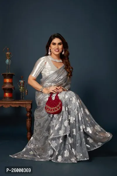 Silver Leaf Embellished Saree With Blouse Piece