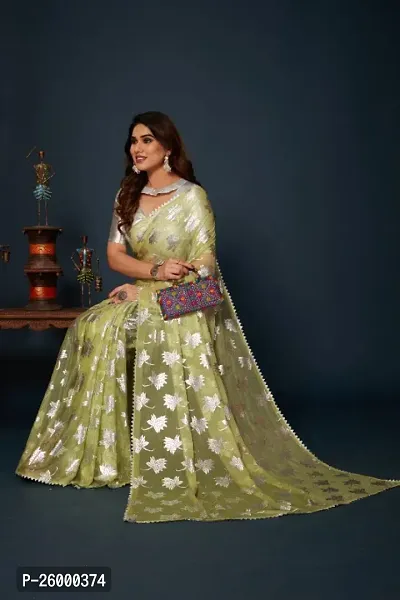 Silver Leaf Embellished Saree With Blouse Piece