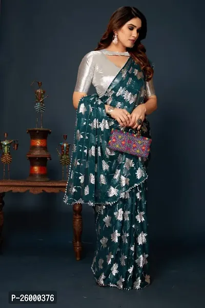 Silver Leaf Embellished Saree With Blouse Piece