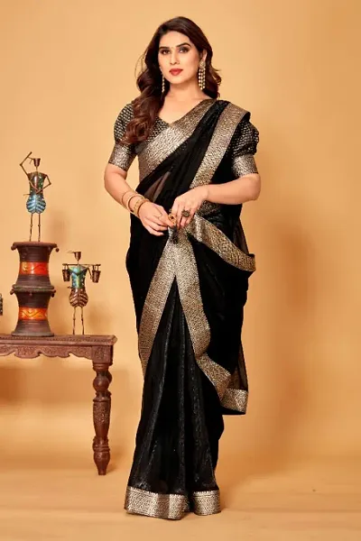 Black Lace Border Embellished Saree With Blouse Piece