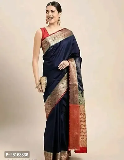 Stylish Navy Blue Art Silk Saree with Blouse piece For Women-thumb0